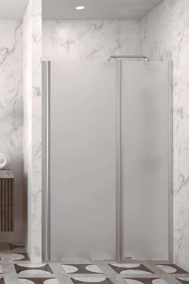 Hinged shower door with fixed part and wall magnet Hietakari Infinia 235, aluminium frame, satin frosted glass Hinged shower door with fixed part and wall magnet Hietakari Infinia 235, aluminium frame, satin frosted glass