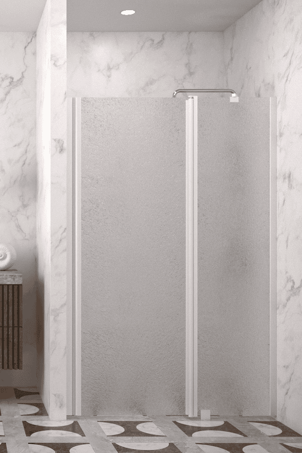 Hinged shower door with fixed part and wall magnet Hietakari Infinia 235, white frame, Chinchilla patterned glass Hinged shower door with fixed part and wall magnet Hietakari Infinia 235, white frame, Chinchilla patterned glass