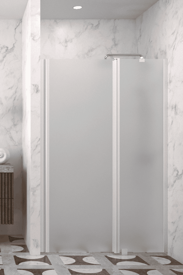 Hinged shower door with fixed part and wall magnet Hietakari Infinia 235, white frame, satin frosted glass Hinged shower door with fixed part and wall magnet Hietakari Infinia 235, white frame, satin frosted glass