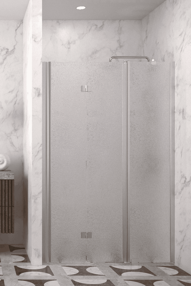Folding shower door with fixed part and wall magnet Hietakari Infinia 236, aluminium frame, Chinchilla patterned glass Folding shower door with fixed part and wall magnet Hietakari Infinia 236, aluminium frame, Chinchilla patterned glass