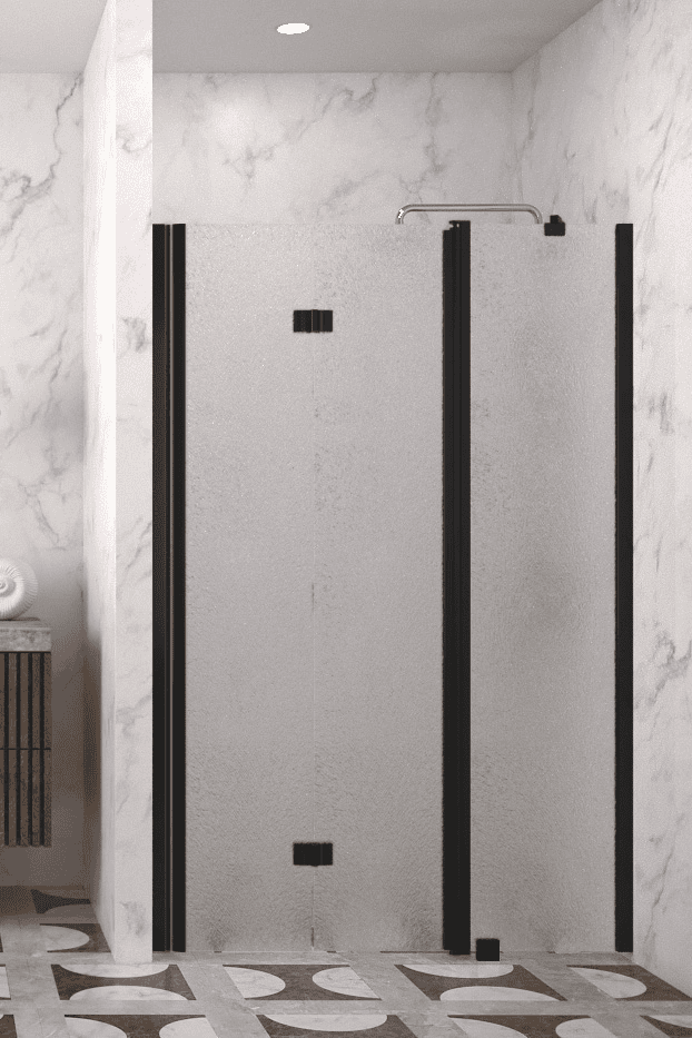Folding shower door with fixed part and wall magnet Hietakari Infinia 236, black frame, Chinchilla patterned glass Folding shower door with fixed part and wall magnet Hietakari Infinia 236, black frame, Chinchilla patterned glass