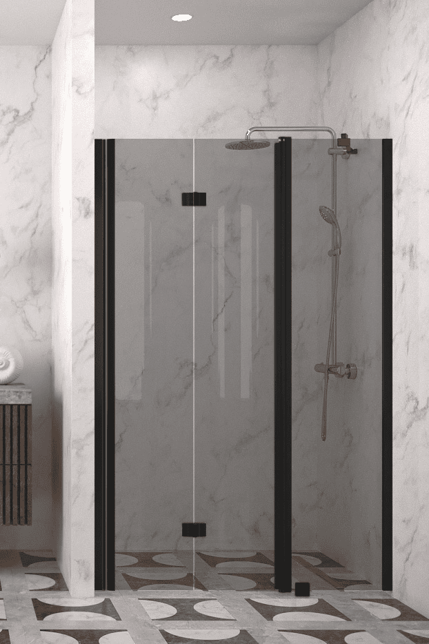 Folding shower door with fixed part and wall magnet Hietakari Infinia 236, black frame, grey tinted glass Folding shower door with fixed part and wall magnet Hietakari Infinia 236, black frame, grey tinted glass