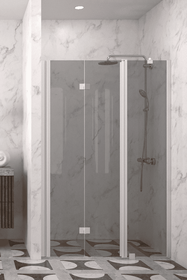 Folding shower door with fixed part and wall magnet Hietakari Infinia 236, white frame, grey tinted glass Folding shower door with fixed part and wall magnet Hietakari Infinia 236, white frame, grey tinted glass