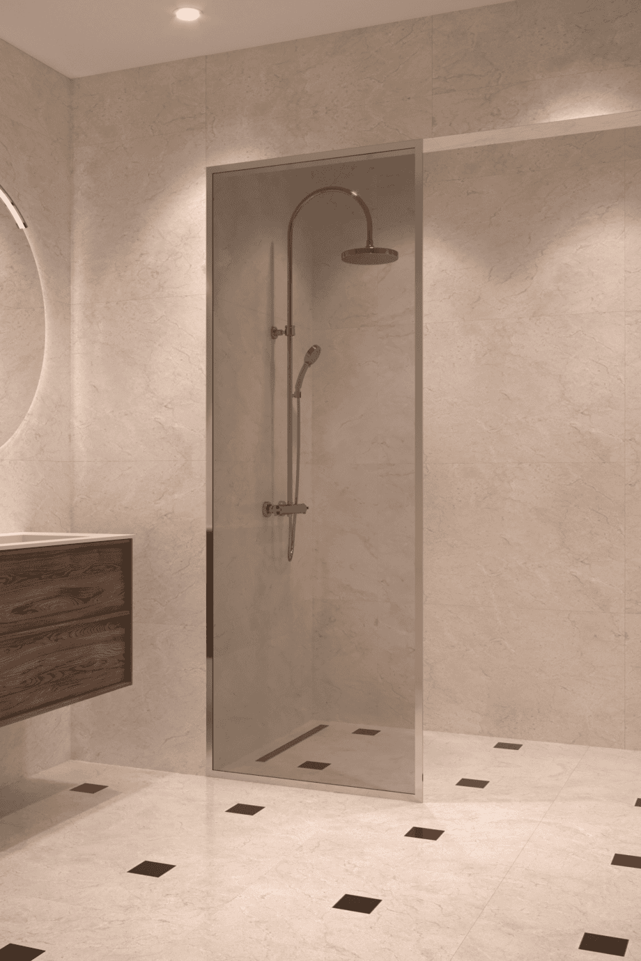 Fully framed fixed shower screen Hietakari Vetro 501, chrome fittings, grey tinted glass