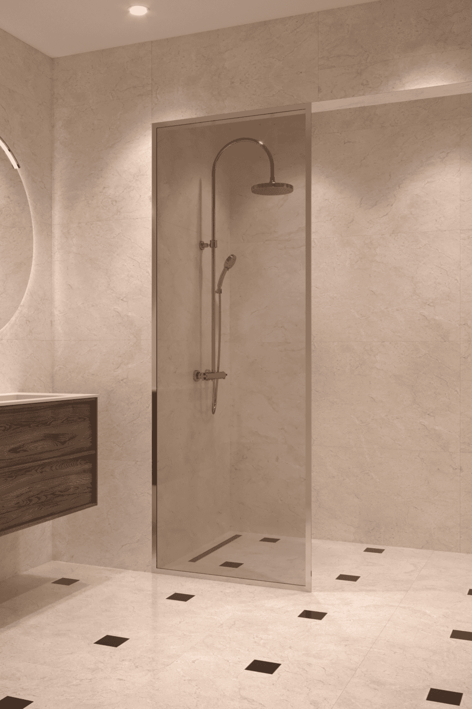 Fully framed fixed shower screen Hietakari Vetro 501, chrome fittings, bronze tinted glass