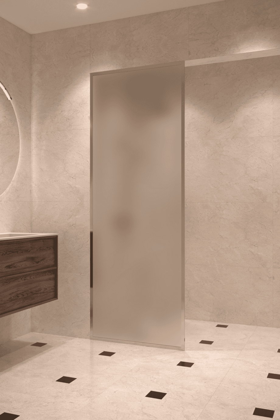 Fully framed fixed shower screen Hietakari Vetro 501, chrome fittings, satin frosted glass