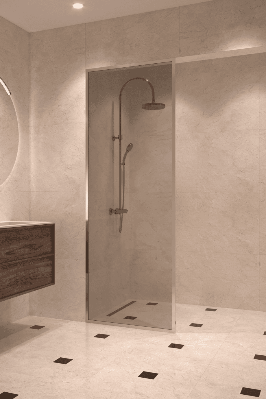 Fully framed fixed shower screen Hietakari Vetro 501, brass fittings, grey tinted glass
