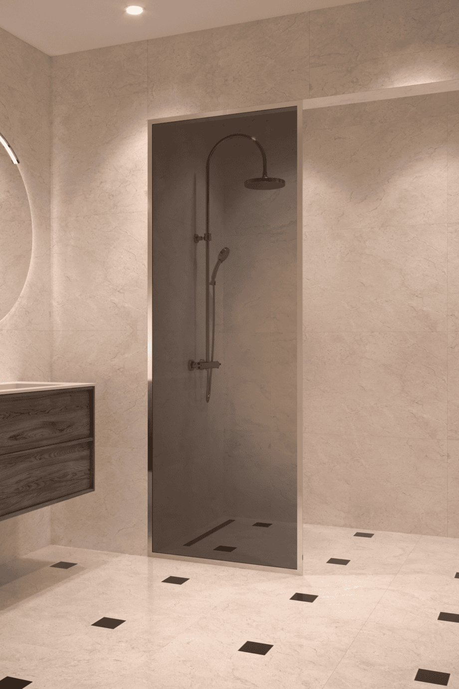 Fully framed fixed shower screen Hietakari Vetro 501, brass fittings, black glass