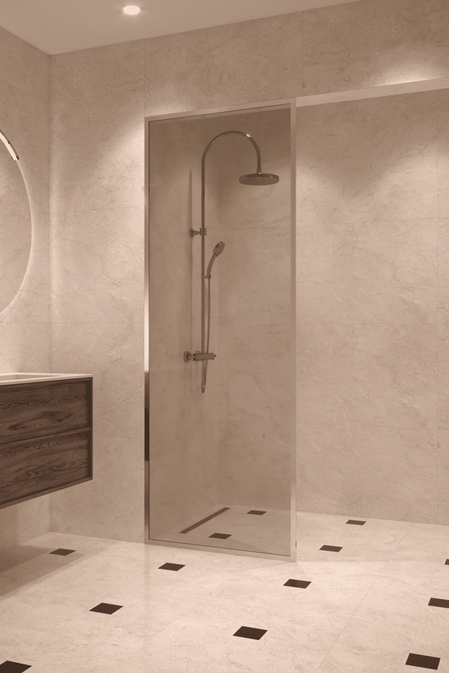 Fully framed fixed shower screen Hietakari Vetro 501, brass fittings, bronze tinted glass