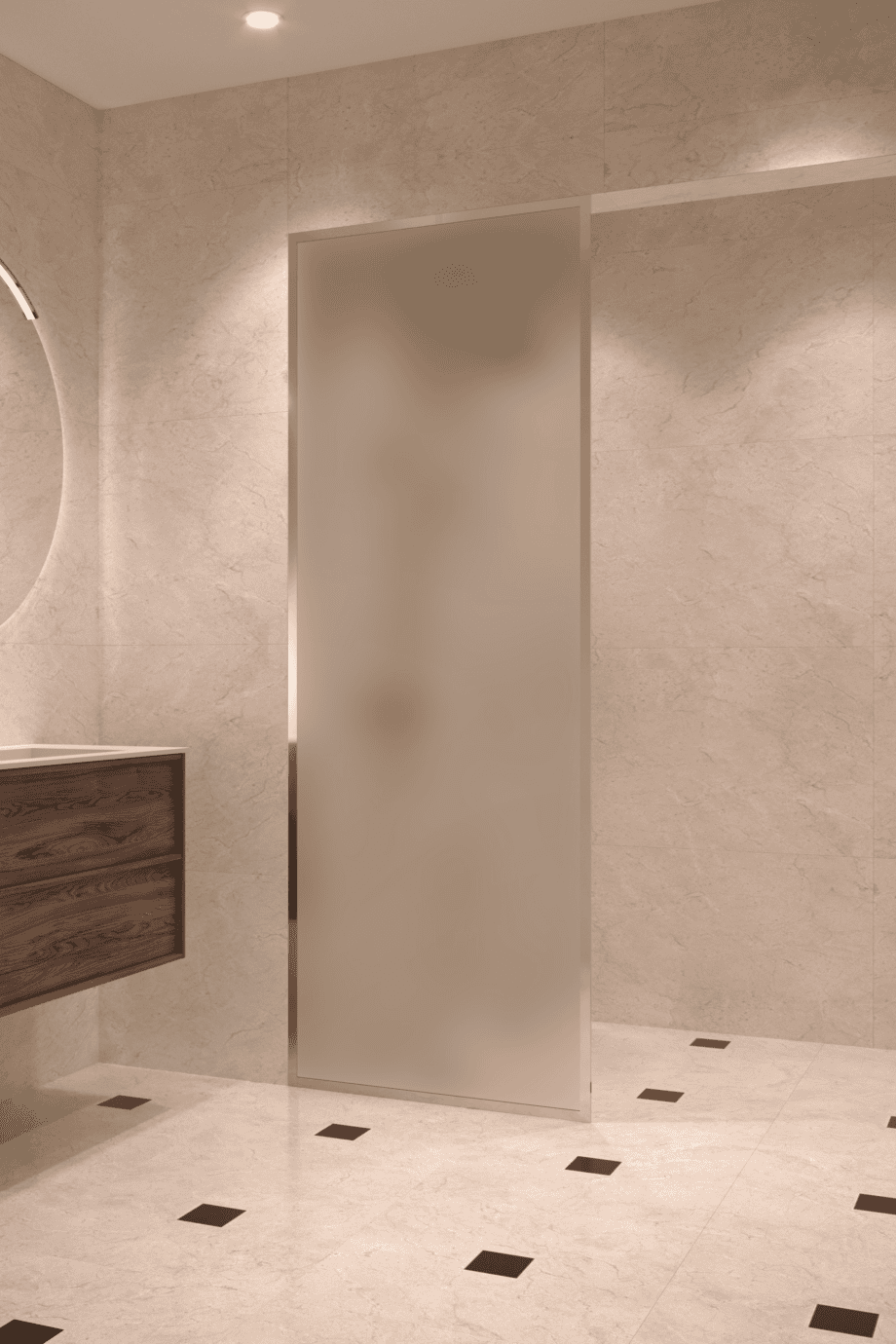 Fully framed fixed shower screen Hietakari Vetro 501, brass fittings, satin frosted glass