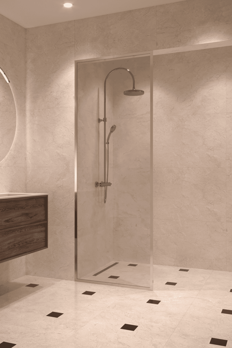 Fully framed fixed shower screen Hietakari Vetro 501, brass fittings, super bright glass