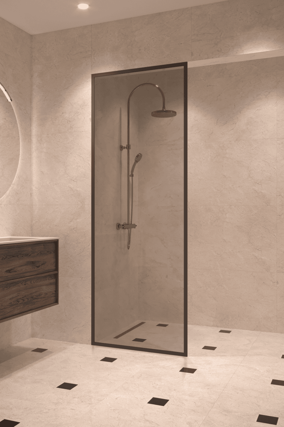 Fully framed fixed shower screen Hietakari Vetro 501, black fittings, grey tinted glass