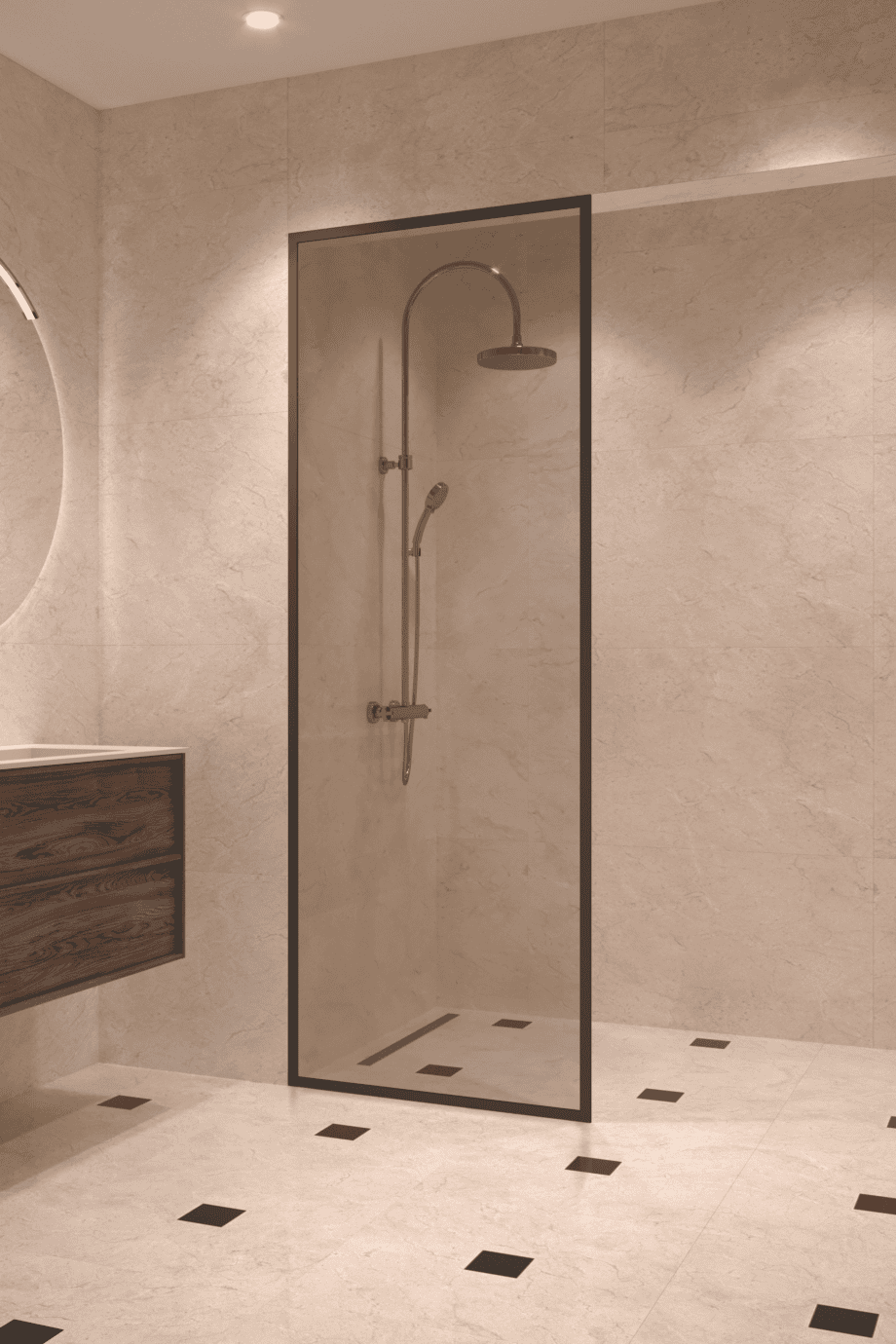 Fully framed fixed shower screen Hietakari Vetro 501, black fittings, bronze tinted glass