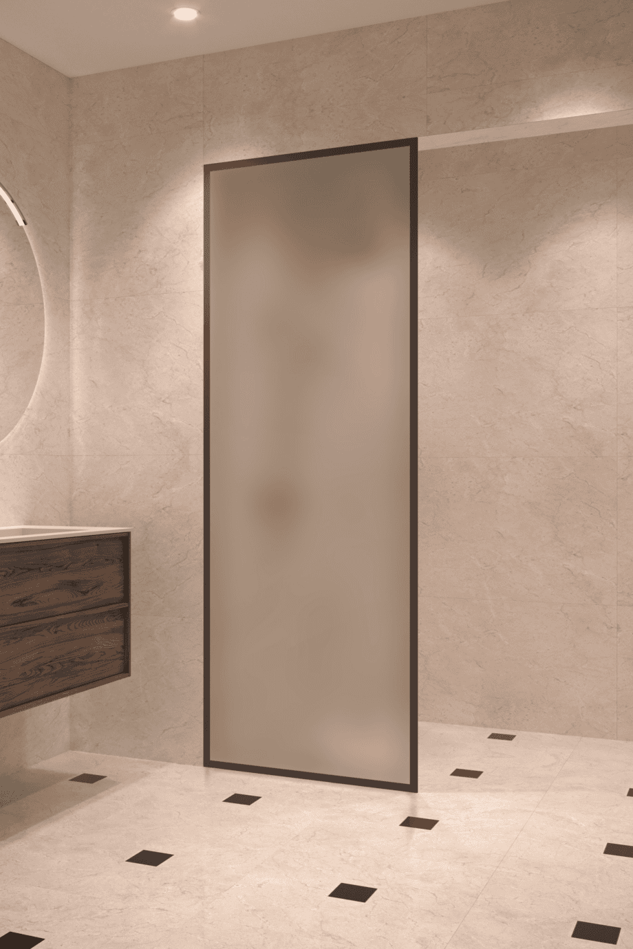 Fully framed fixed shower screen Hietakari Vetro 501, black fittings, satin frosted glass