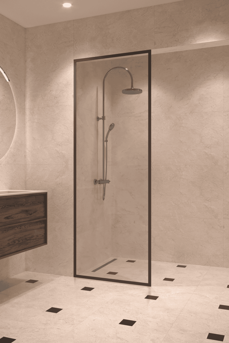 Fully framed fixed shower screen Hietakari Vetro 501, black fittings, super bright glass