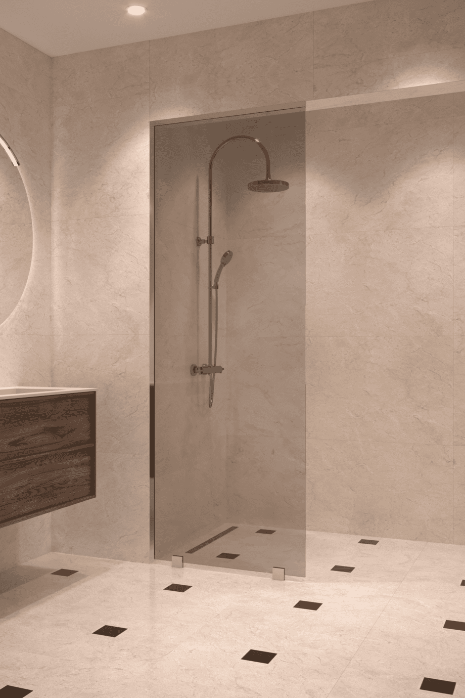 Partially framed fixed shower screen Hietakari Vetro 502, chrome fittings, grey tinted glass