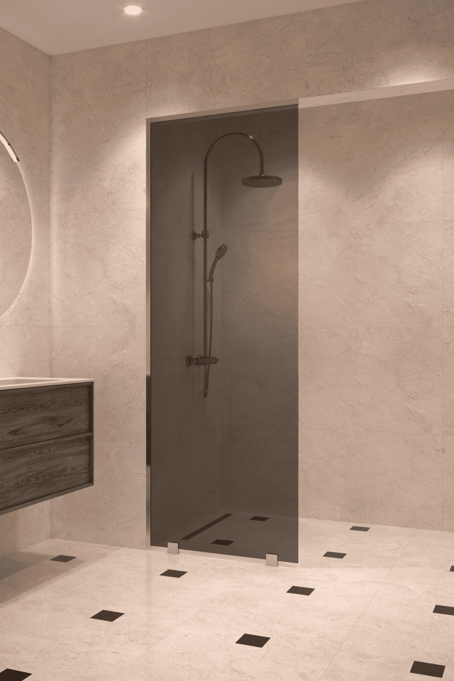 Partially framed fixed shower screen Hietakari Vetro 502, chrome fittings, black glass