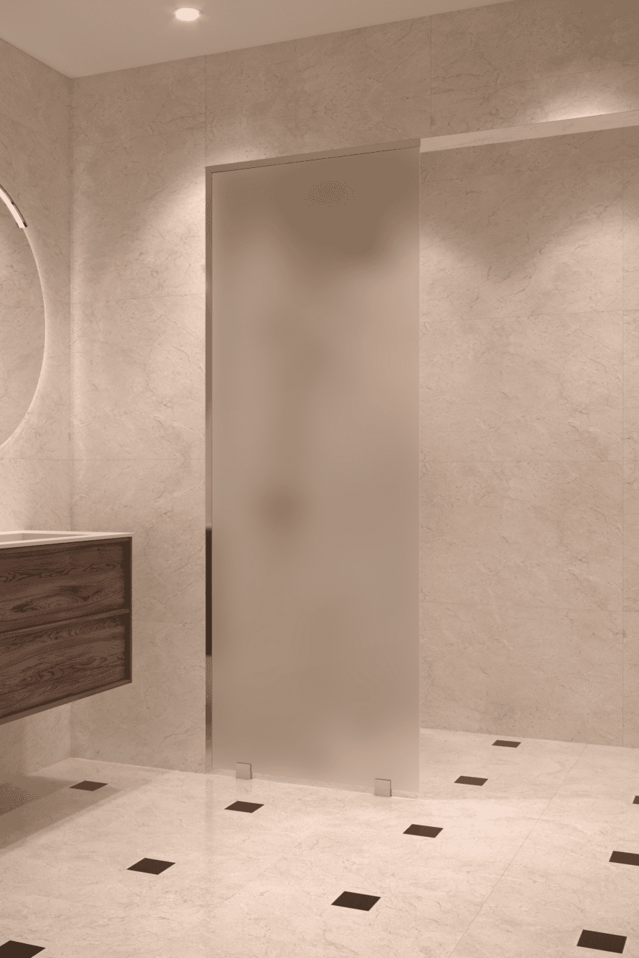 Partially framed fixed shower screen Hietakari Vetro 502, chrome fittings, satin frosted glass