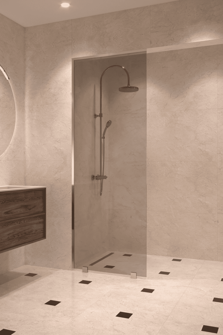 Partially framed fixed shower screen Hietakari Vetro 502, brass fittings, grey tinted glass