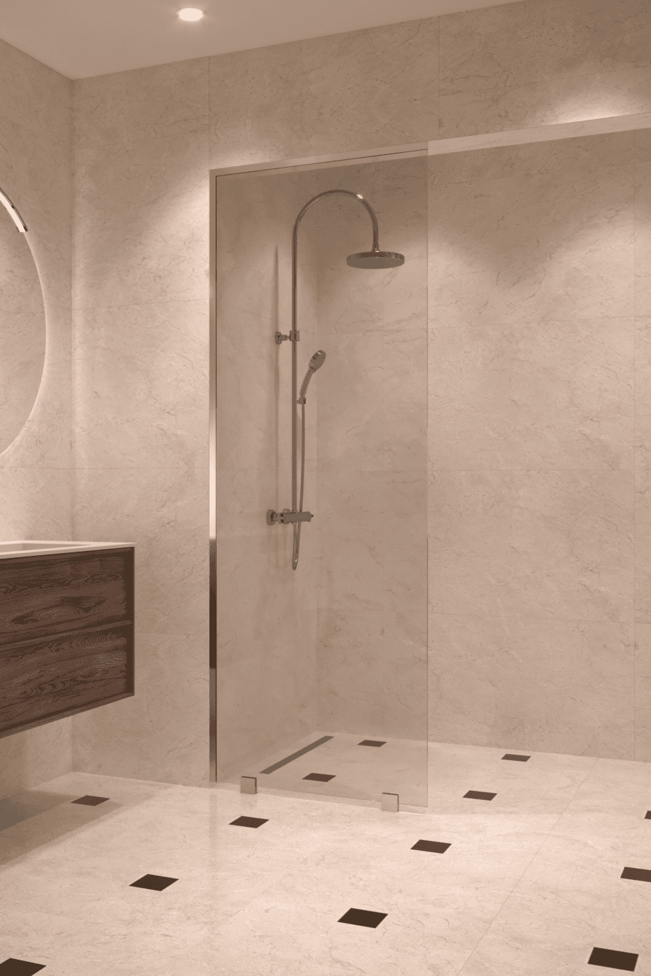 Partially framed fixed shower screen Hietakari Vetro 502, brass fittings, clear glass