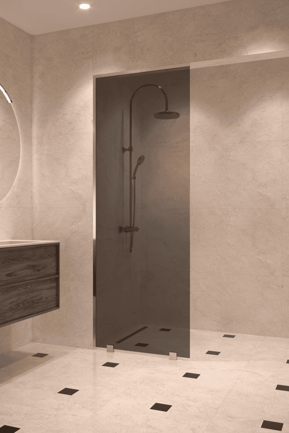 Partially framed fixed shower screen Hietakari Vetro 502, brass fittings, black glass