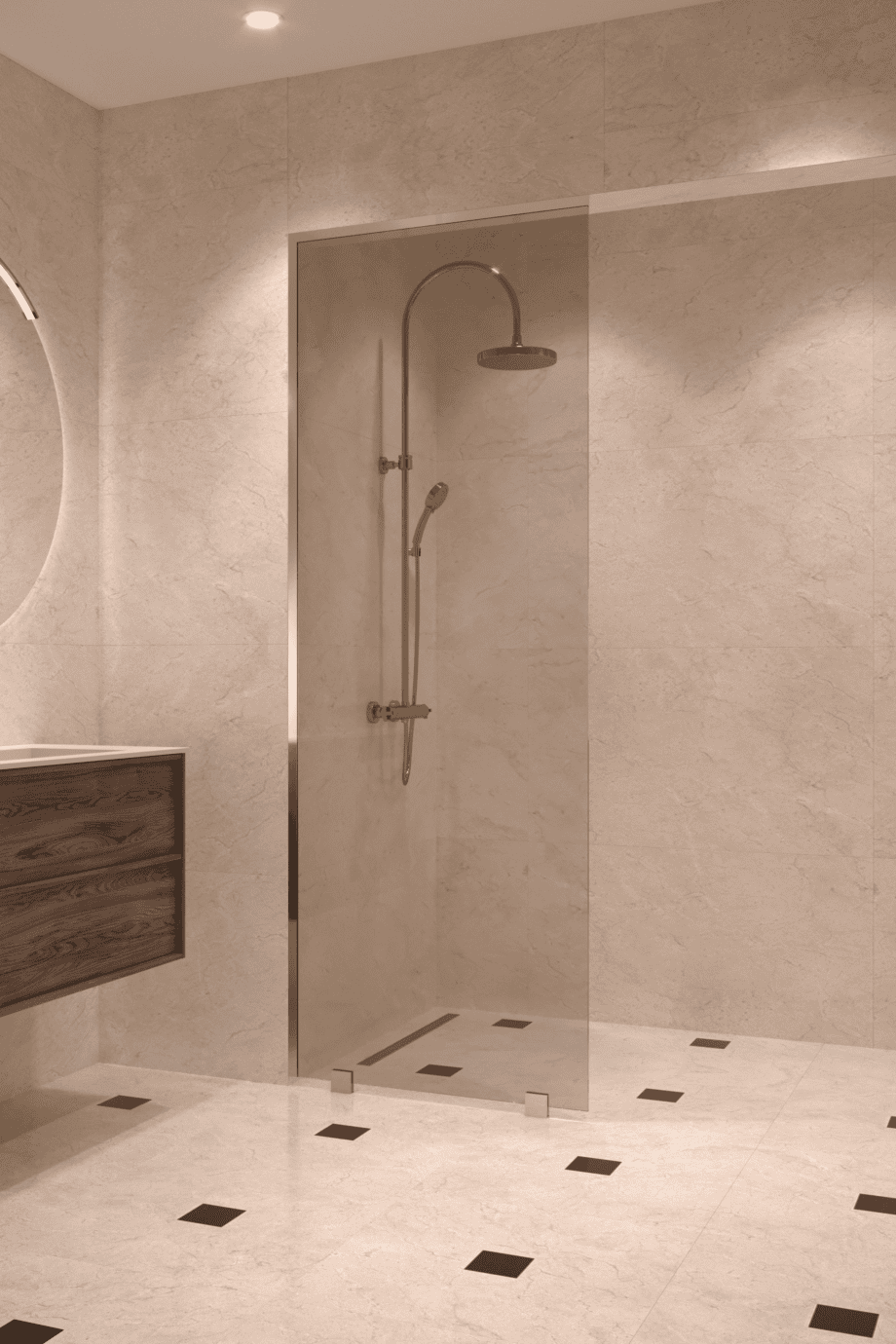 Partially framed fixed shower screen Hietakari Vetro 502, brass fittings, bronze tinted glass