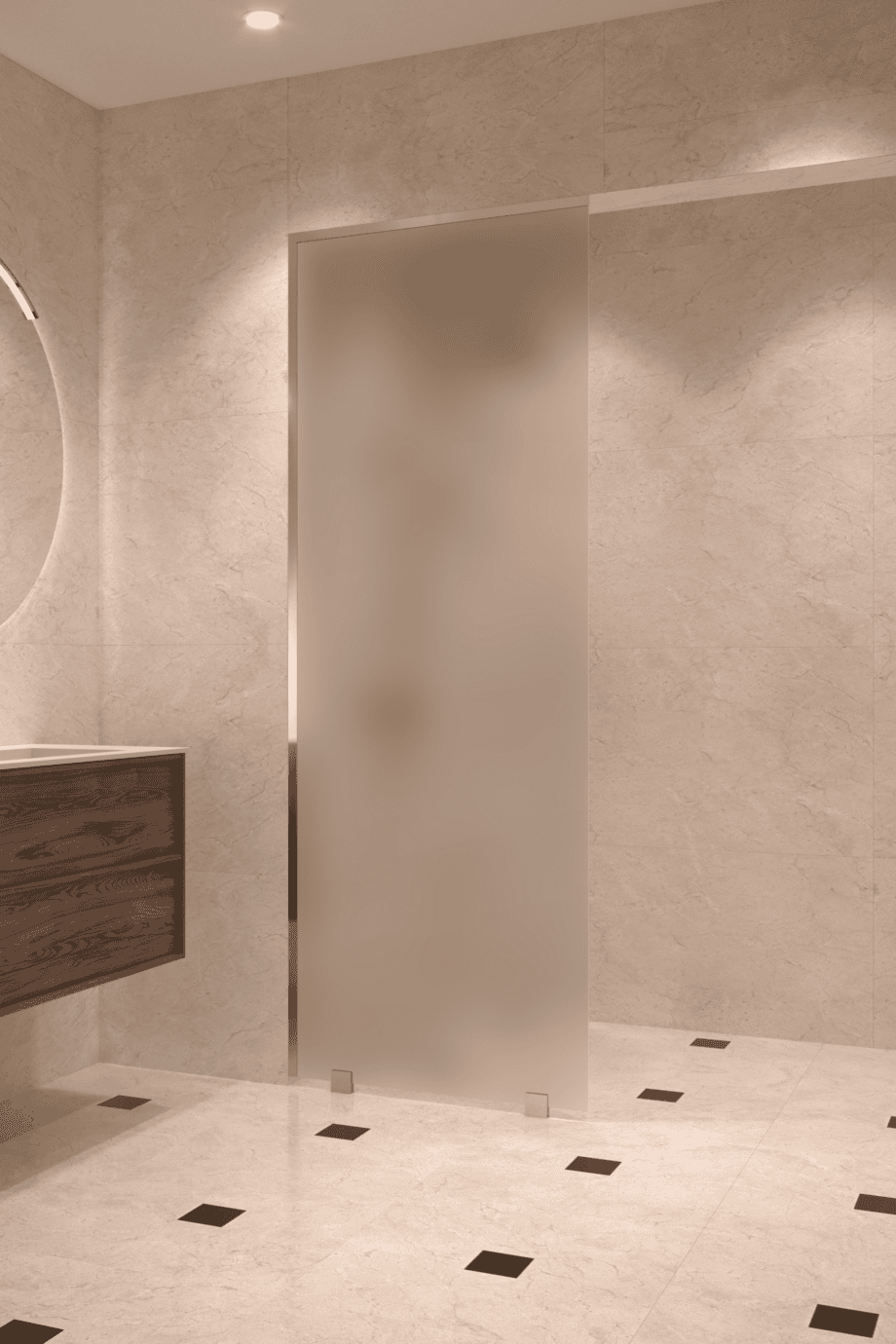 Partially framed fixed shower screen Hietakari Vetro 502, brass fittings, satin frosted glass