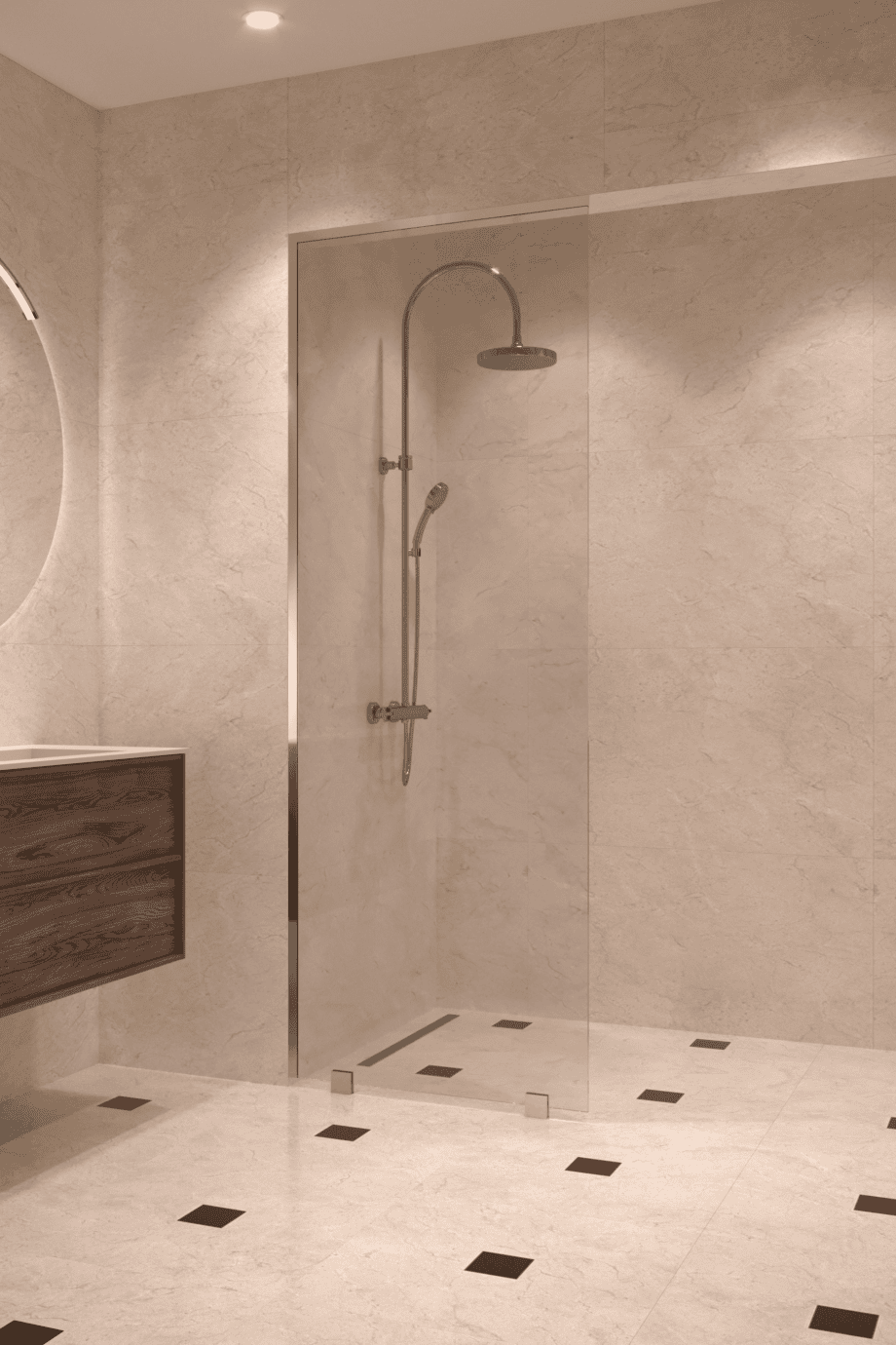 Partially framed fixed shower screen Hietakari Vetro 502, brass fittings, super bright glass