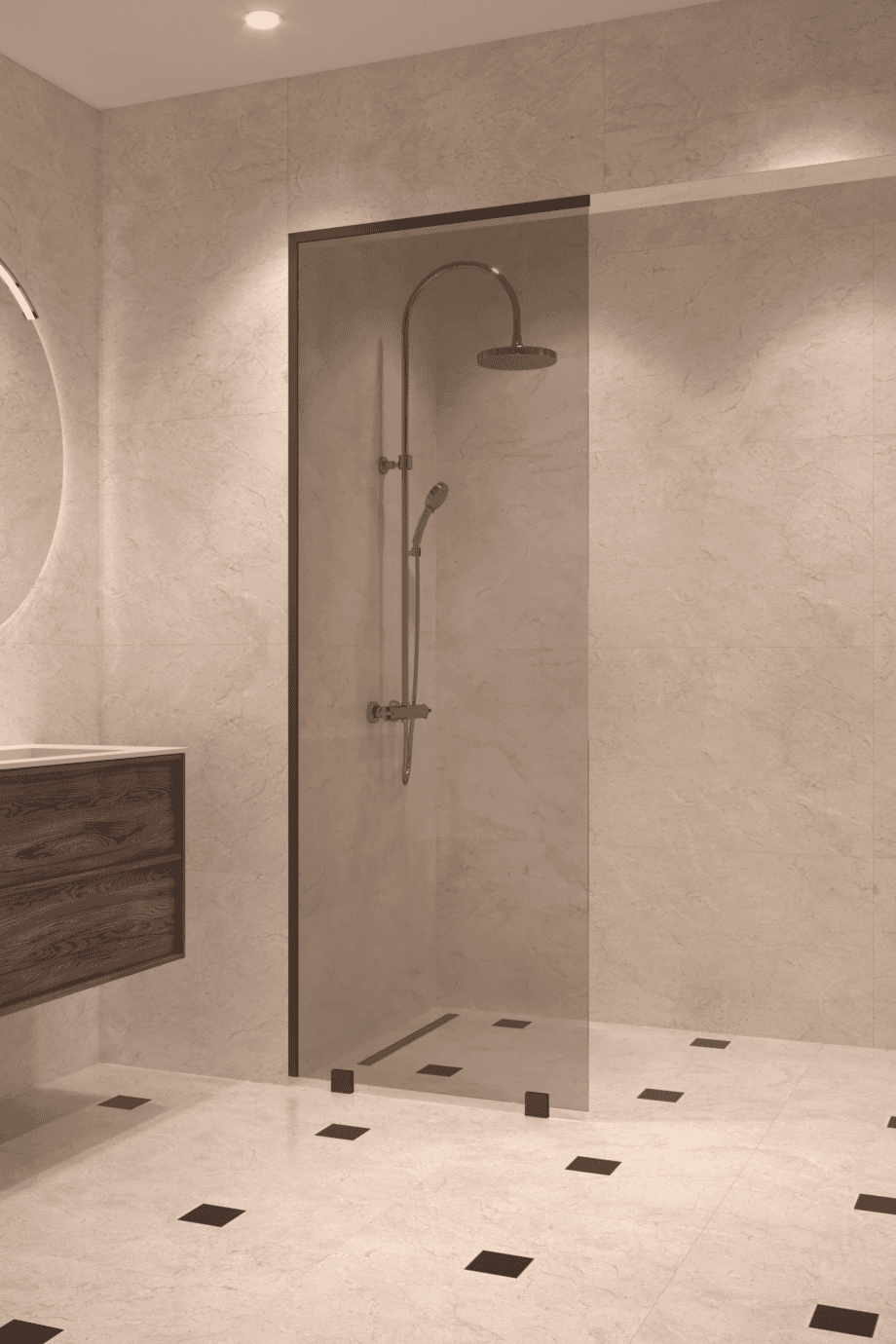 Partially framed fixed shower screen Hietakari Vetro 502, black fittings, grey tinted glass