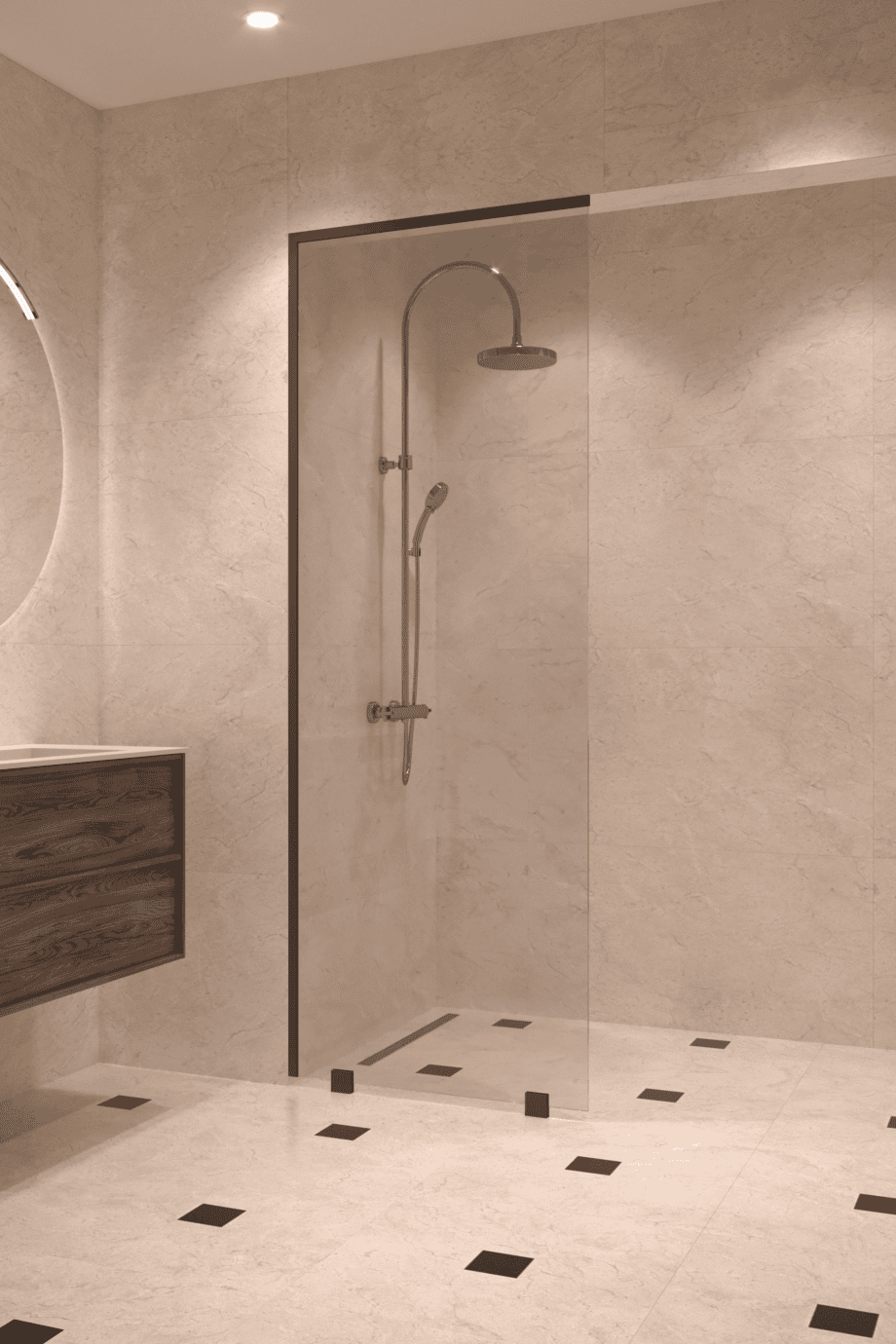 Partially framed fixed shower screen Hietakari Vetro 502, black fittings, clear glass