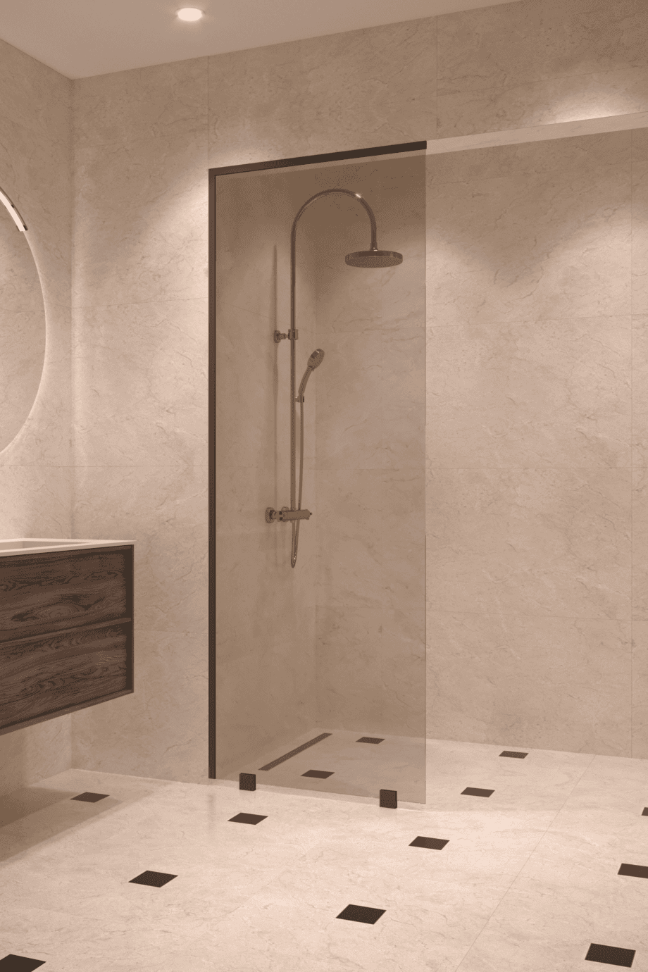Partially framed fixed shower screen Hietakari Vetro 502, black fittings, bronze tinted glass