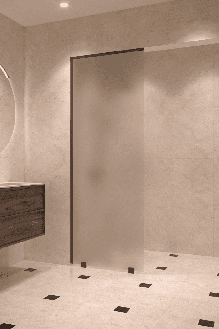 Partially framed fixed shower screen Hietakari Vetro 502, black fittings, satin frosted glass