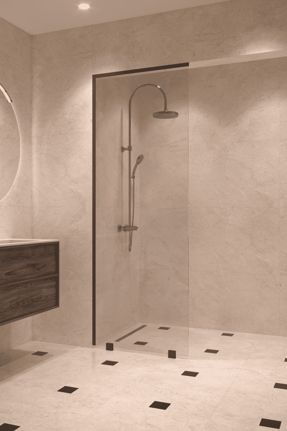 Partially framed fixed shower screen Hietakari Vetro 502, black fittings, super bright glass