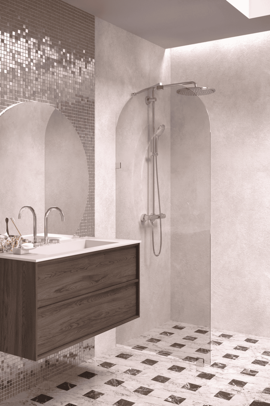 Arched fixed shower screen Hietakari Vetro 509, chrome fittings, bronze tinted glass Arched fixed shower screen Hietakari Vetro 509, chrome fittings, bronze tinted glass