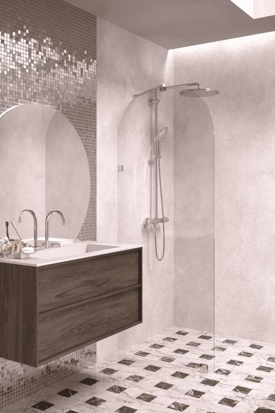 Arched fixed shower screen Hietakari Vetro 509, chrome fittings, super bright glass Arched fixed shower screen Hietakari Vetro 509, chrome fittings, super bright glass