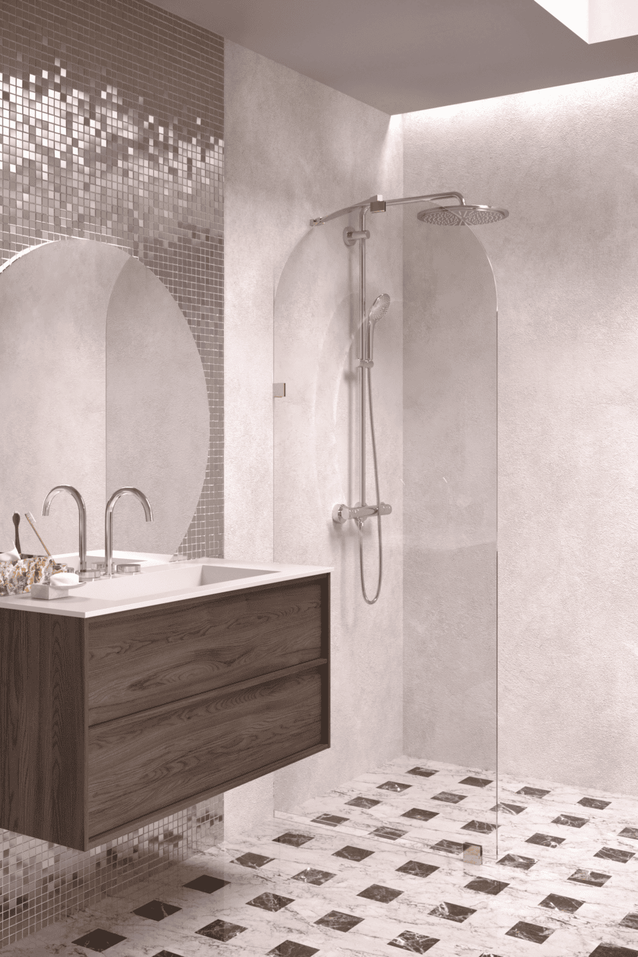 Arched fixed shower screen Hietakari Vetro 509, brass fittings, clear glass Arched fixed shower screen Hietakari Vetro 509, brass fittings, clear glass