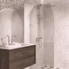 Arched fixed shower screen Hietakari Vetro 509, brass fittings, bronze tinted glass Arched fixed shower screen Hietakari Vetro 509, brass fittings, bronze tinted glass