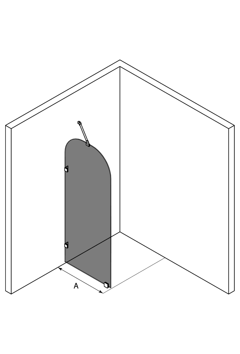 Arched fixed shower screen Hietakari Vetro 509 – dimension drawing Arched fixed shower screen Hietakari Vetro 509 – dimension drawing