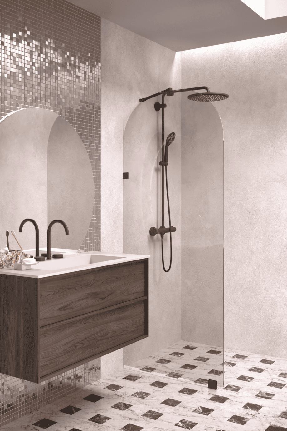 Arched fixed shower screen Hietakari Vetro 509, black fittings, bronze tinted glass Arched fixed shower screen Hietakari Vetro 509, black fittings, bronze tinted glass