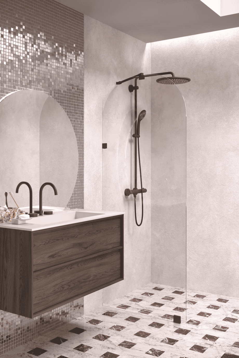 Arched fixed shower screen Hietakari Vetro 509, black fittings, super bright glass Arched fixed shower screen Hietakari Vetro 509, black fittings, super bright glass