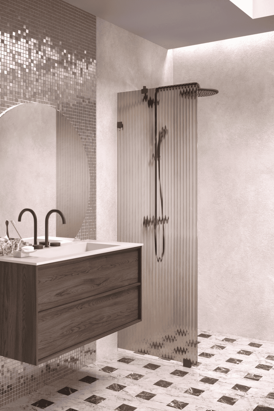 Fixed shower screen Hietakari Vetro 511, Cocoa fittings, brown reeded glass