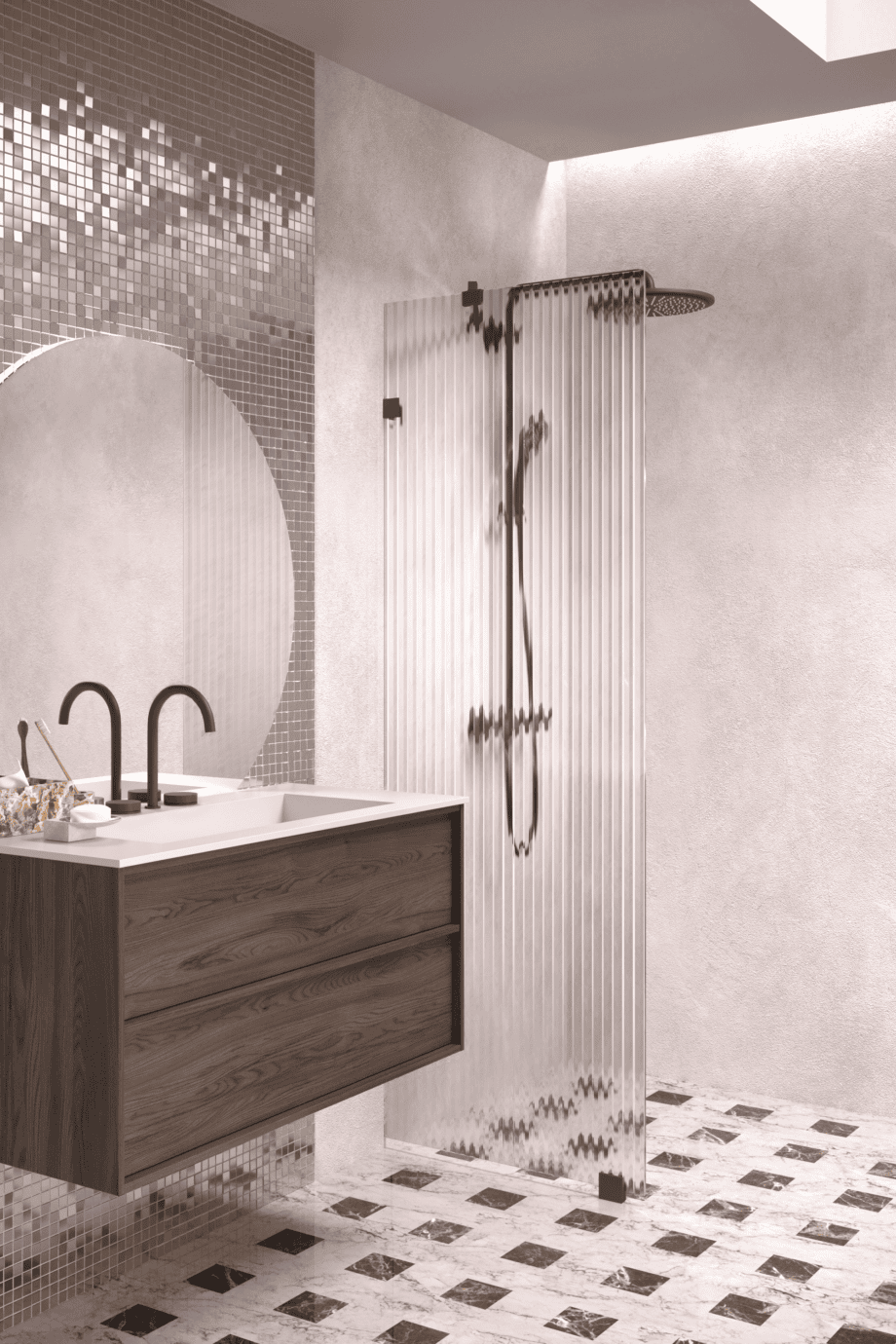 Fixed shower screen Hietakari Vetro 511, Cocoa fittings, reeded glass
