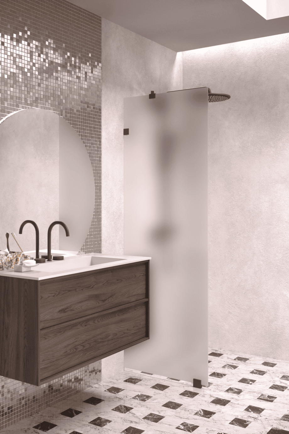 Fixed shower screen Hietakari Vetro 511, Cocoa fittings, satin frosted glass