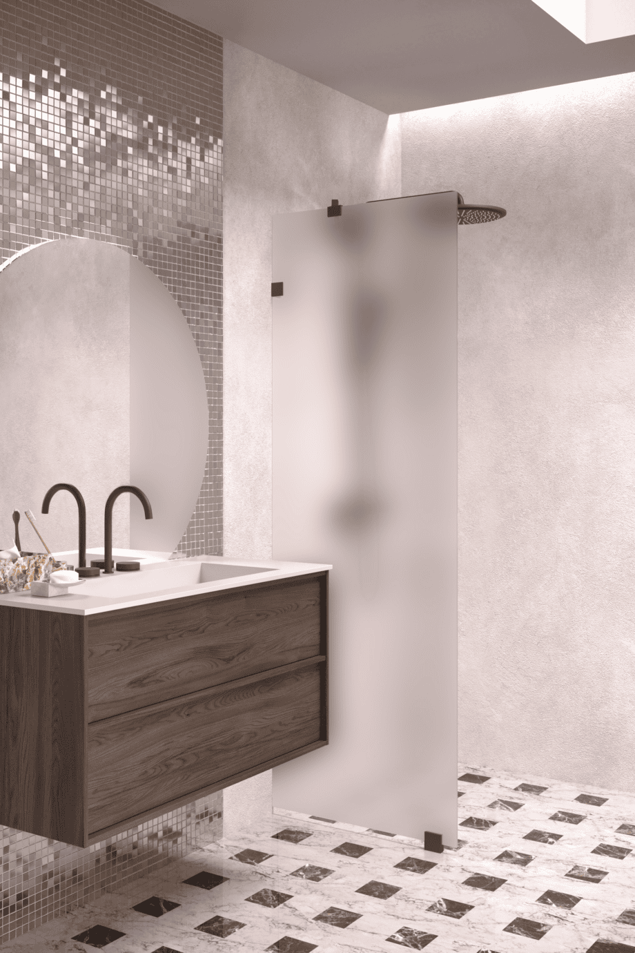 Fixed shower screen Hietakari Vetro 511, Cocoa fittings, super bright satin glass