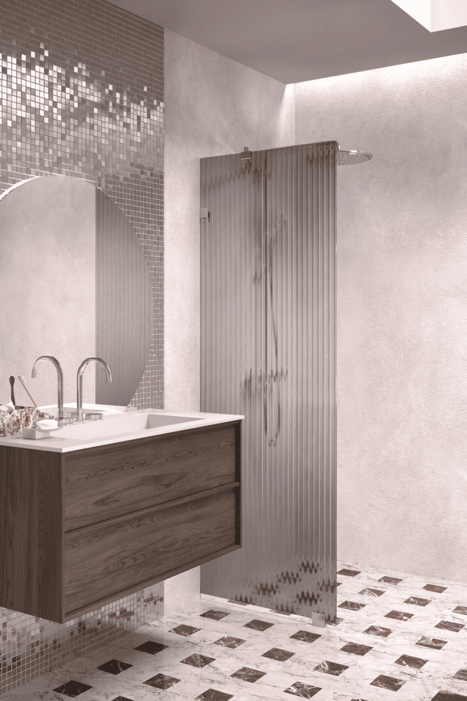 Fixed shower screen Hietakari Vetro 511, brushed fittings, grey reeded glass