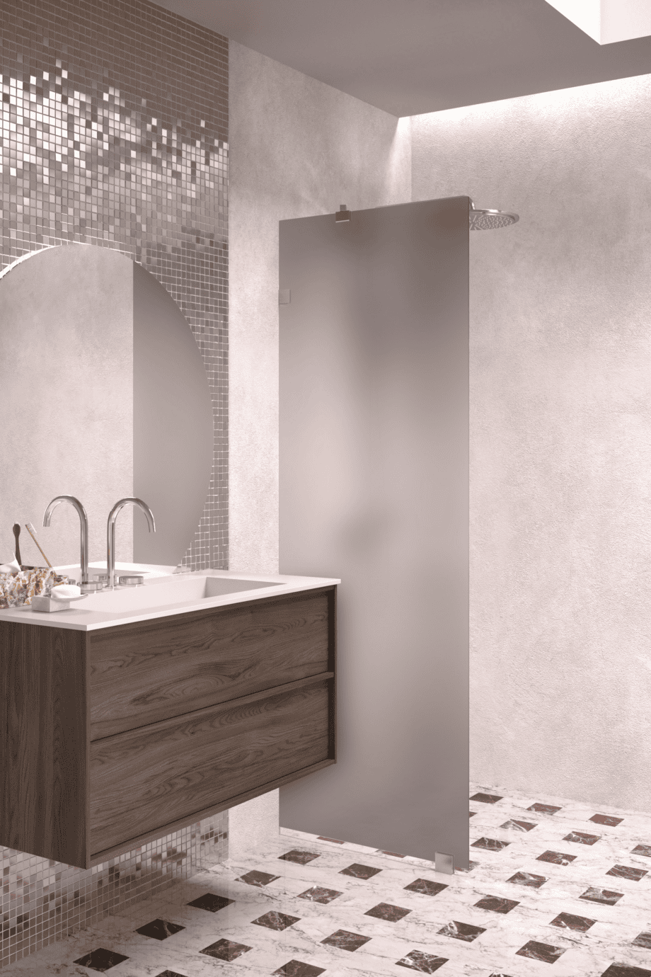 Fixed shower screen Hietakari Vetro 511, brushed fittings, grey satin glass