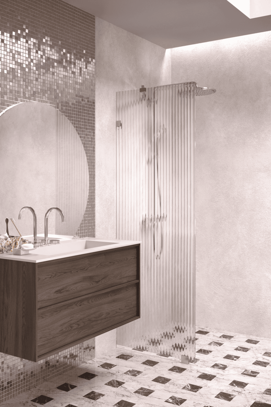 Fixed shower screen Hietakari Vetro 511, brushed fittings, reeded glass