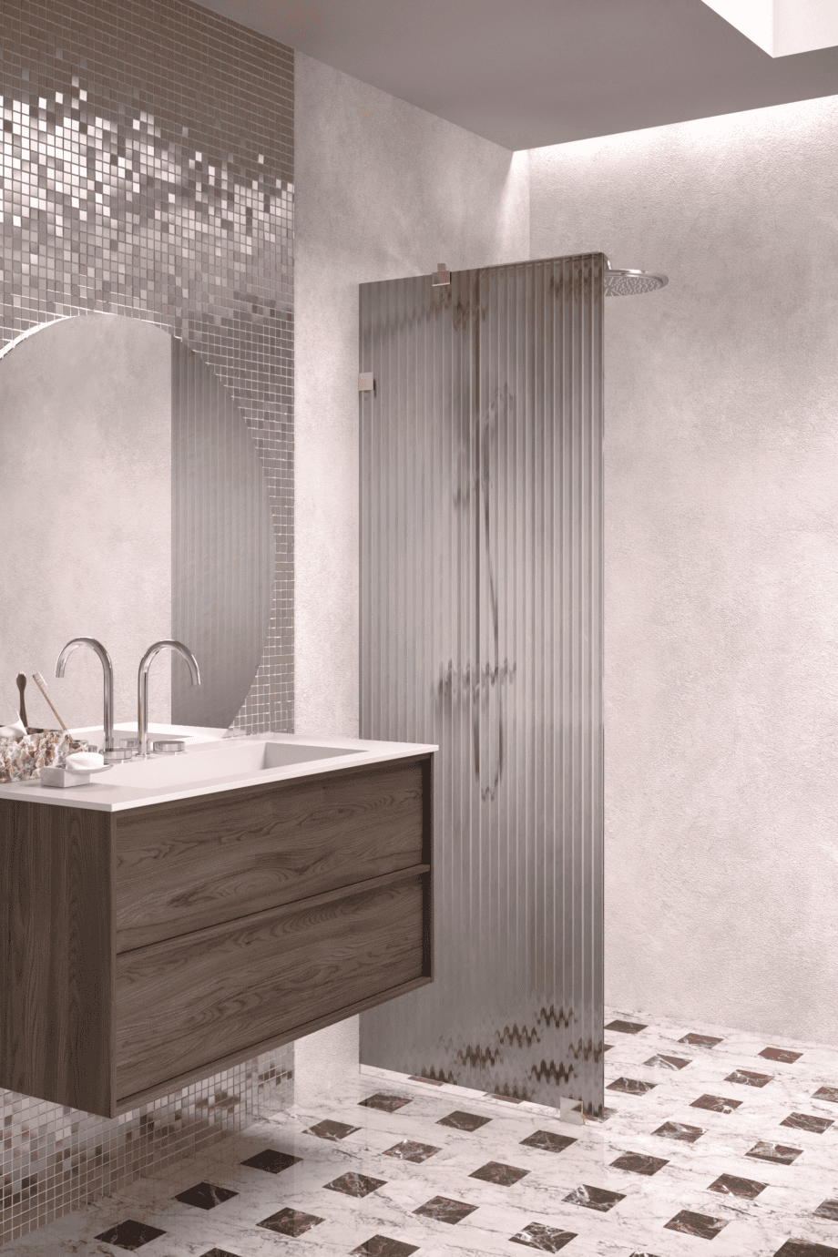 Fixed shower screen Hietakari Vetro 511, brass fittings, grey reeded glass