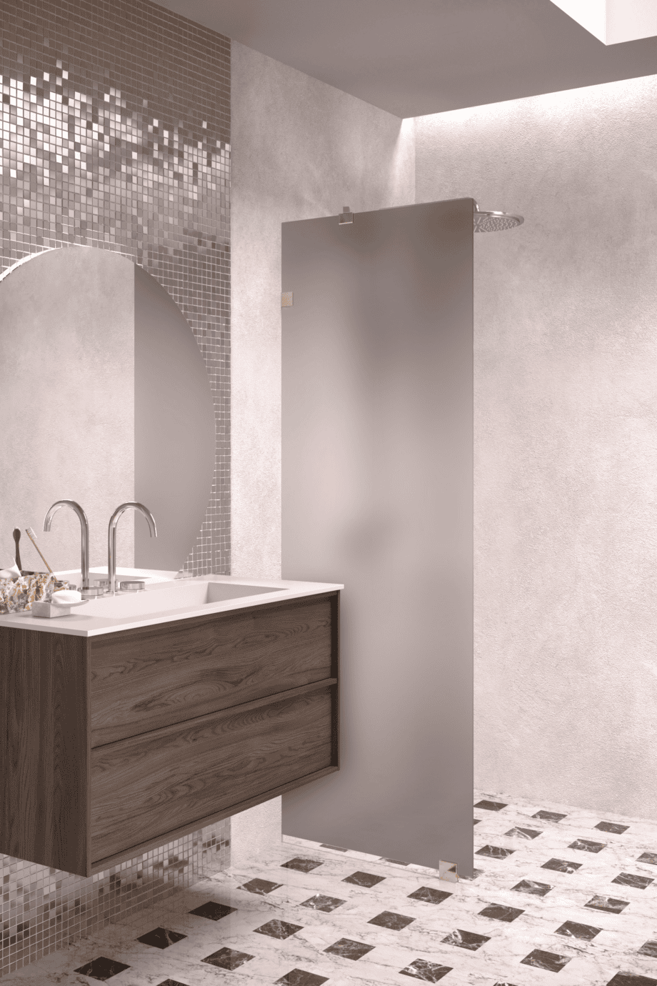 Fixed shower screen Hietakari Vetro 511, brass fittings, grey satin glass