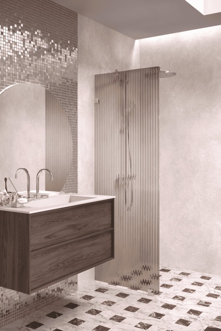 Fixed shower screen Hietakari Vetro 511, brass fittings, brown reeded glass